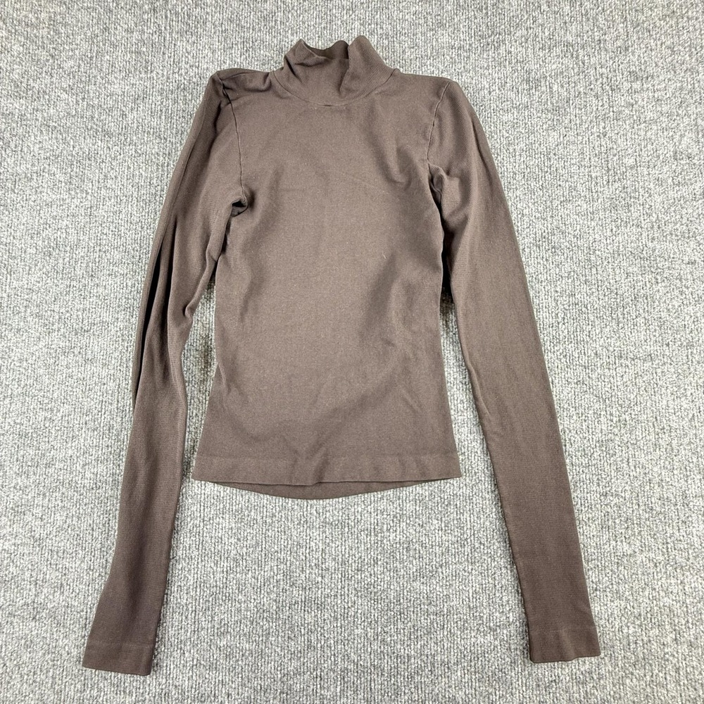 NUX Shirt Womens Medium Brown Turtleneck Open Back Long Sleeve‎ Knit Stretch